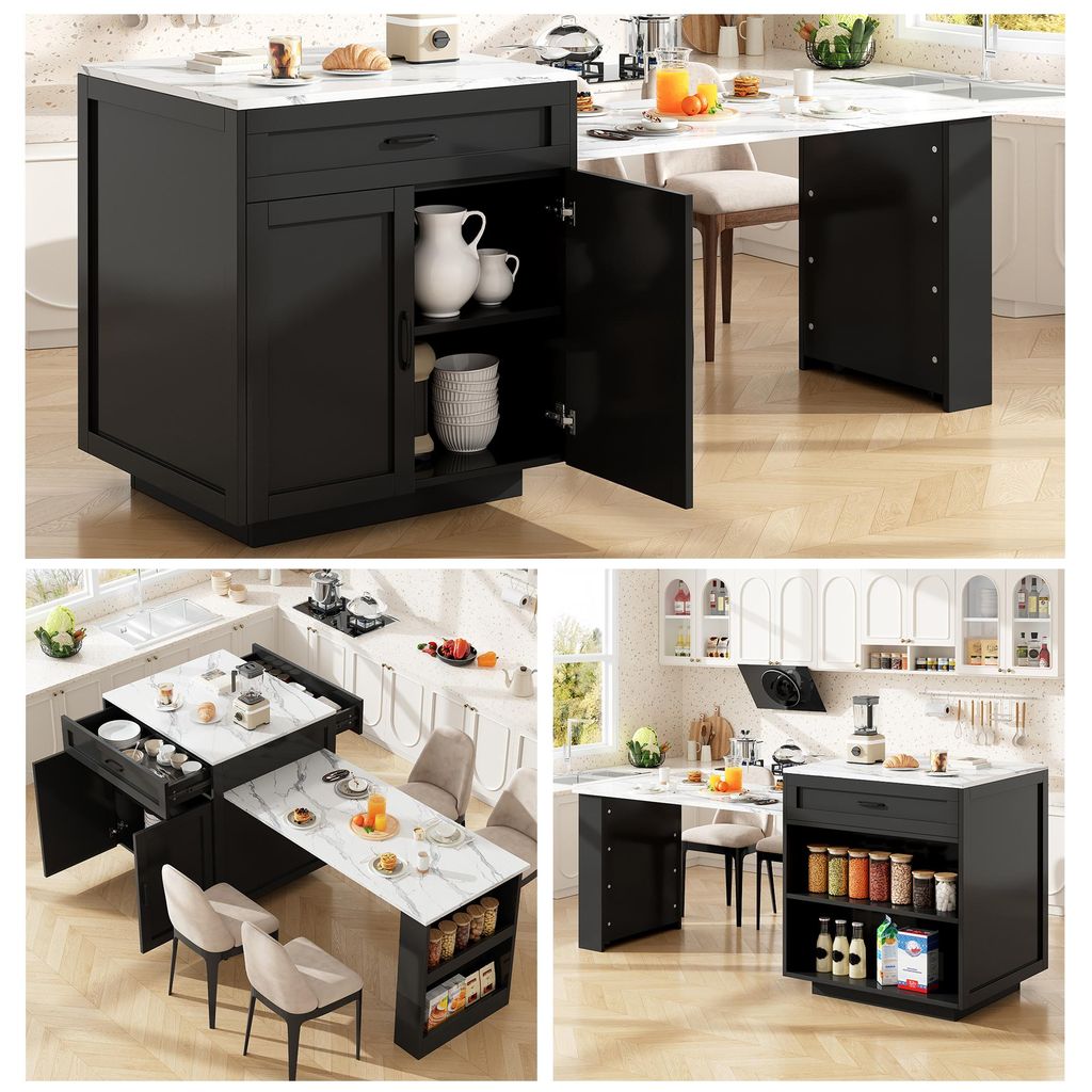 Ausziehbarer Stehtisch (133-202 cm) mit Stauraum & Schublade, Kücheninsel für 2-6 Personen, Bartisch mit Gewürzregal & 4 Fächern, Schwarz