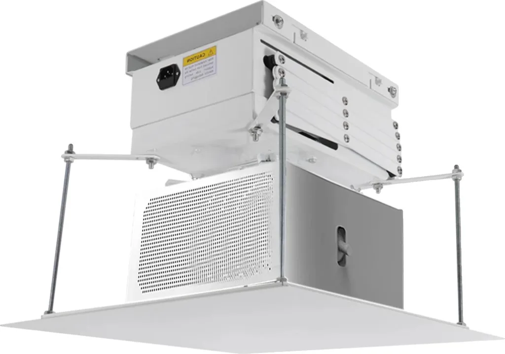 Support de plafond motorisé pour vidéoprojecteur blanc en métal avec commande