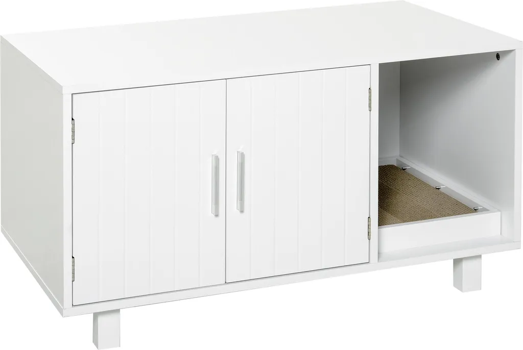 Maison de toilette chat meuble 2 portes en MDF blanc 91x52x50,5 cm