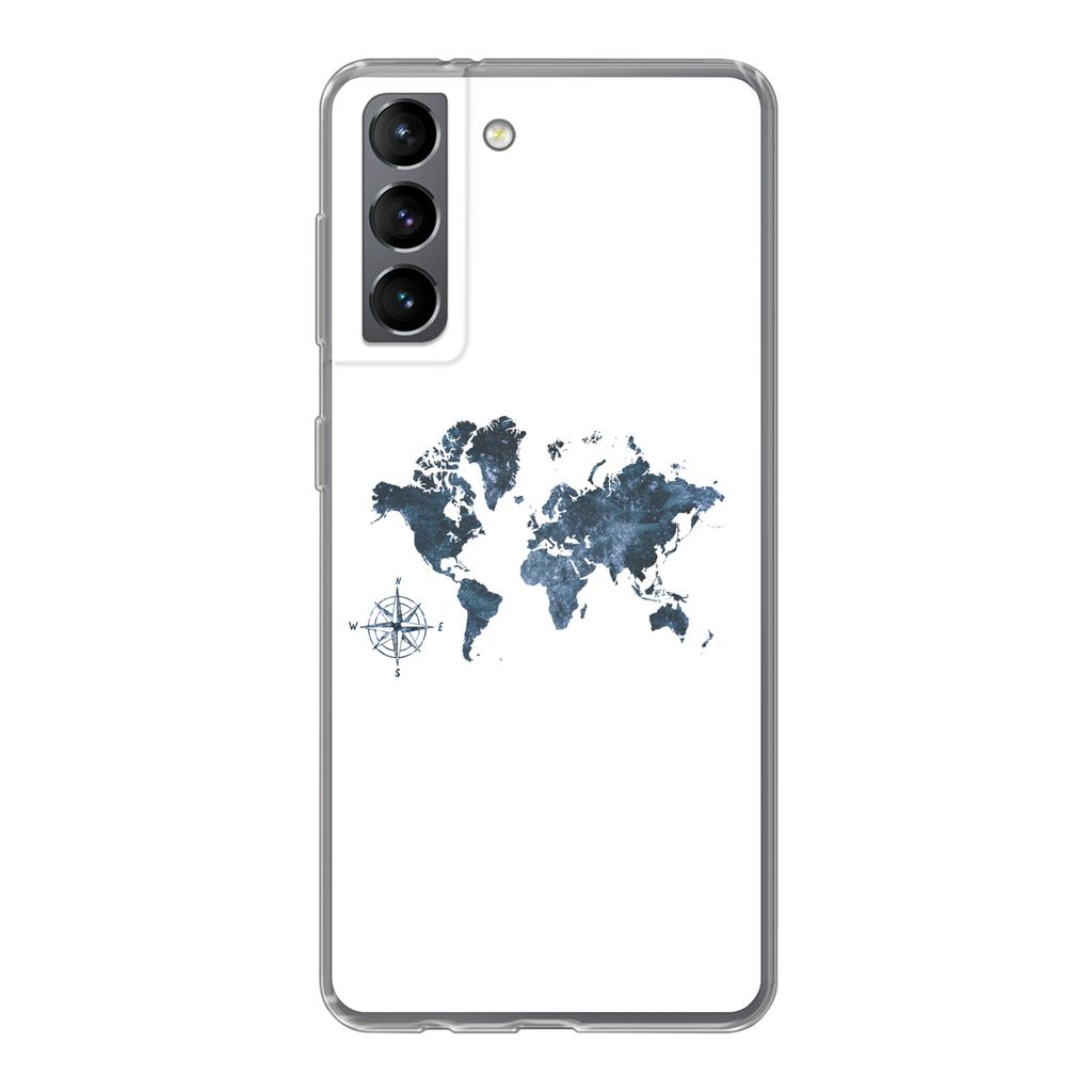 MuchoWow Handyhülle Schutzhülle Hülle für Samsung Galaxy S21 Weltkarte - blau - Kompass Silikon Softcase Handy Hülle - Softcase
