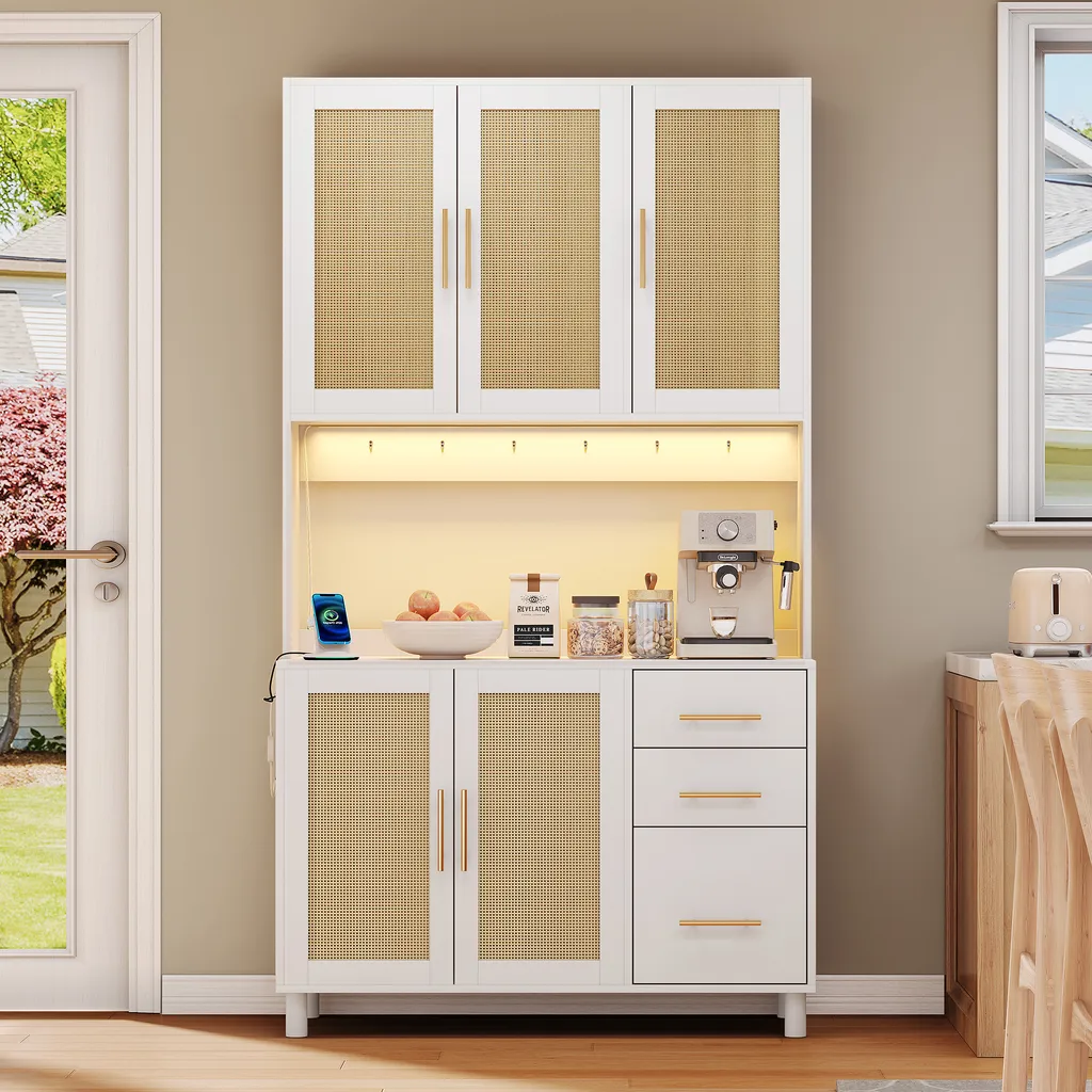 Armoire Bar avec Prises Électriques et Portes en Rotin - Blanc Mat