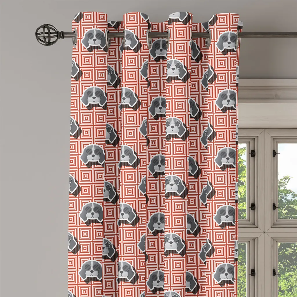 Rideau motif Beagle abstrait rouge gris avec œillets - Set de 280cm - 2