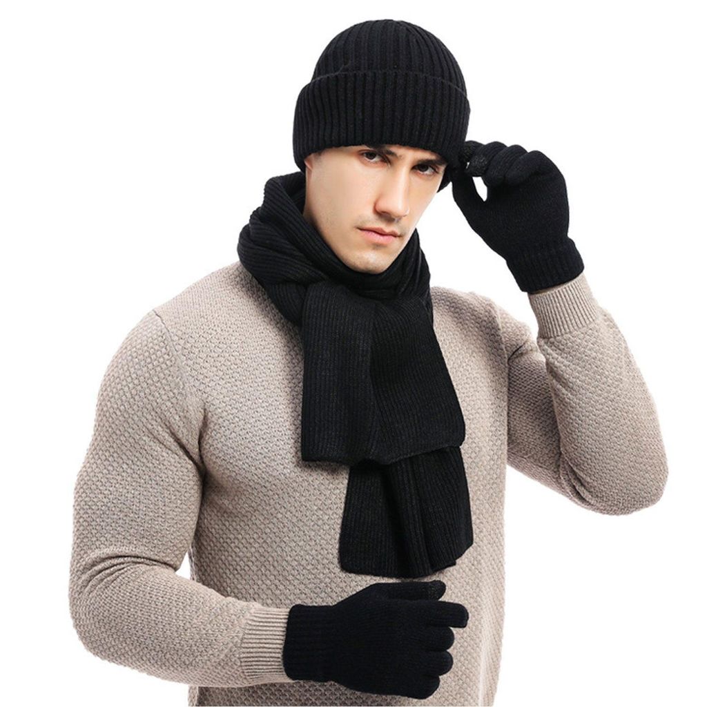 Winter 3 in 1 Mütze Schal Handschuh Set für Herren Damen, Schwarz