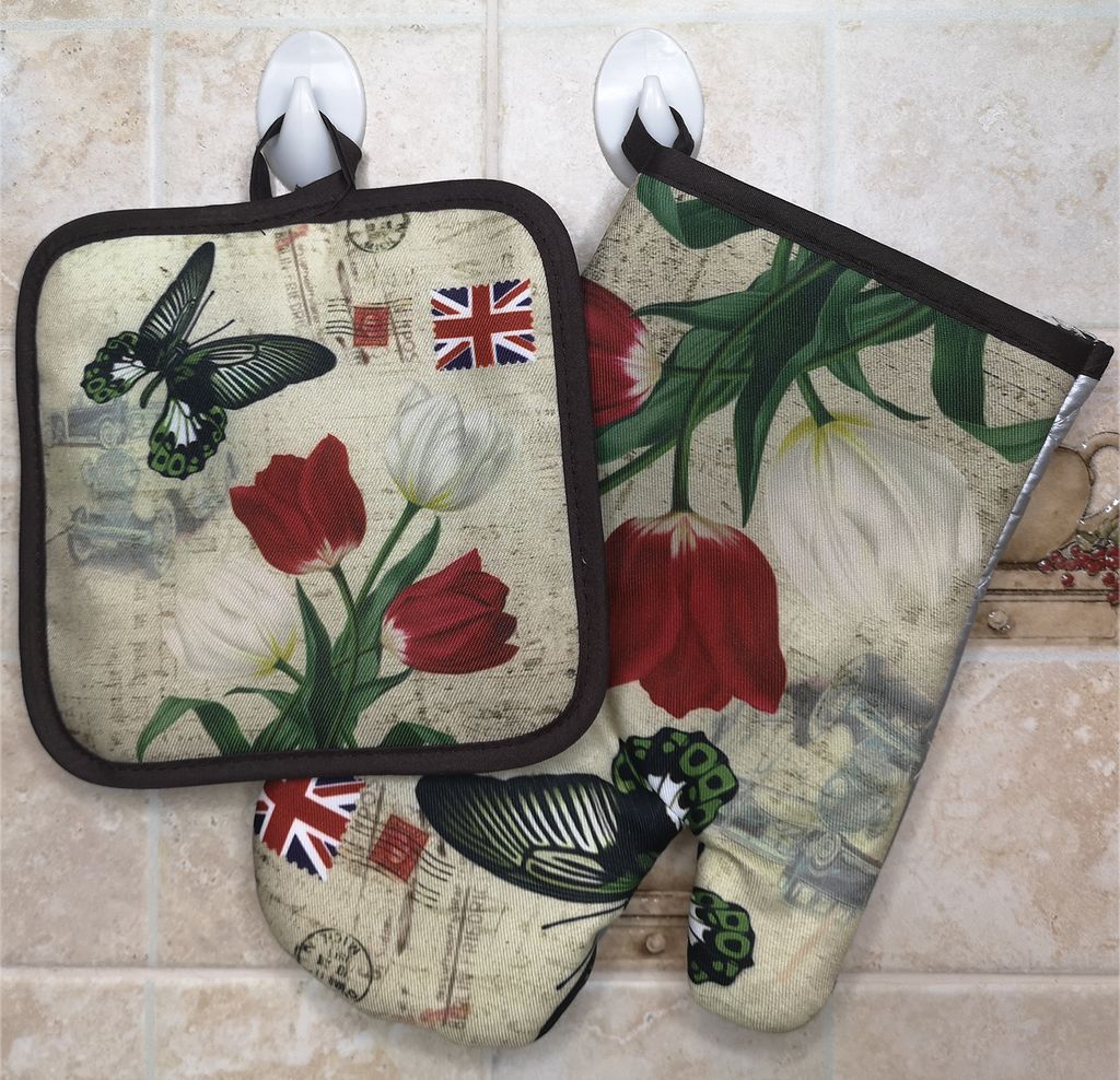 Ofenhandschuh-Topflappe-Set Silber Untersetzer Hitzebeständig Grillhandschuhe Backofenhandschuhe (1 x Handschuh + 1 x Topflappen)