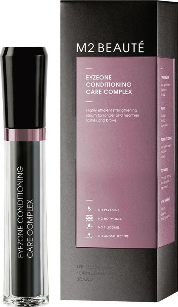 A product shot of an M2 Beaute Eyezone Conditioning Care Complex serum bottle and its packaging.