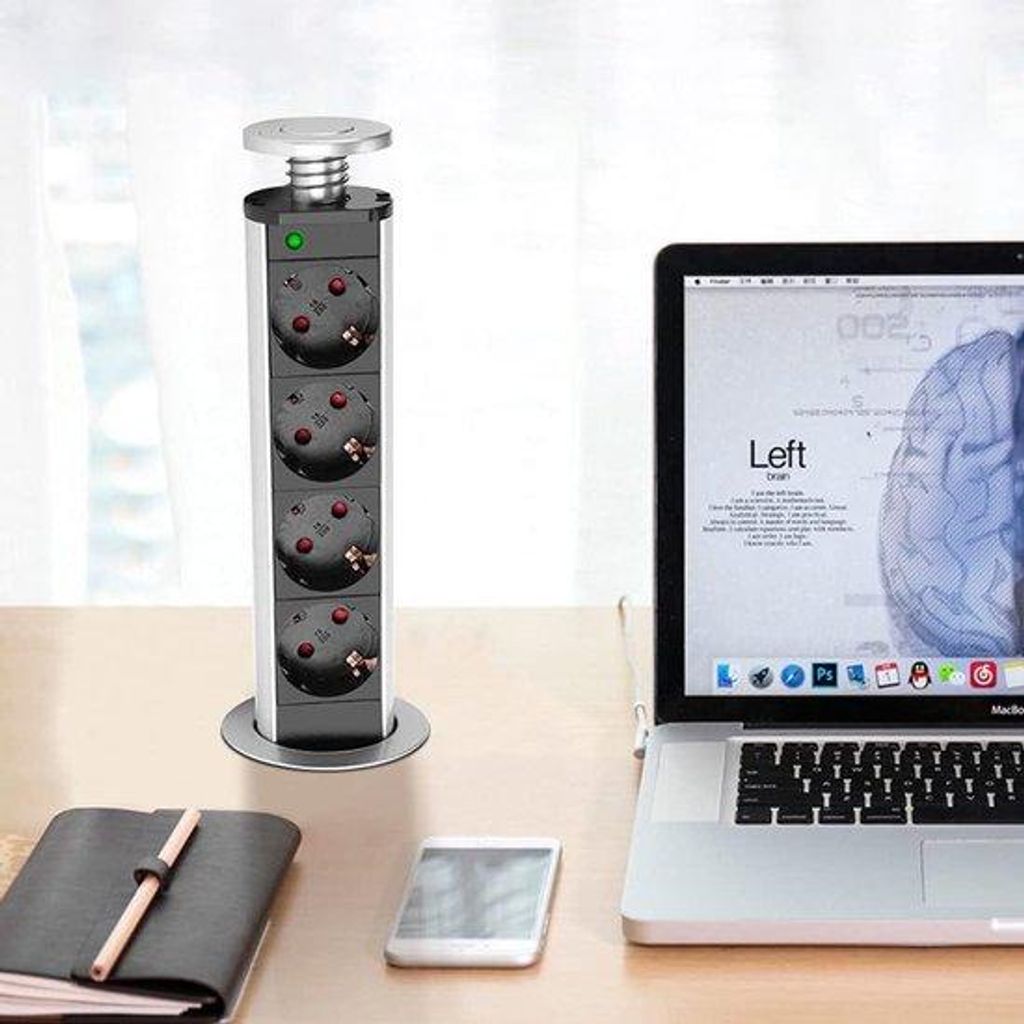 Uitrekbaar USB-Tafelstekkerdoos aus Aluminium mit Schalter, 4-fach, für Büro und Küche