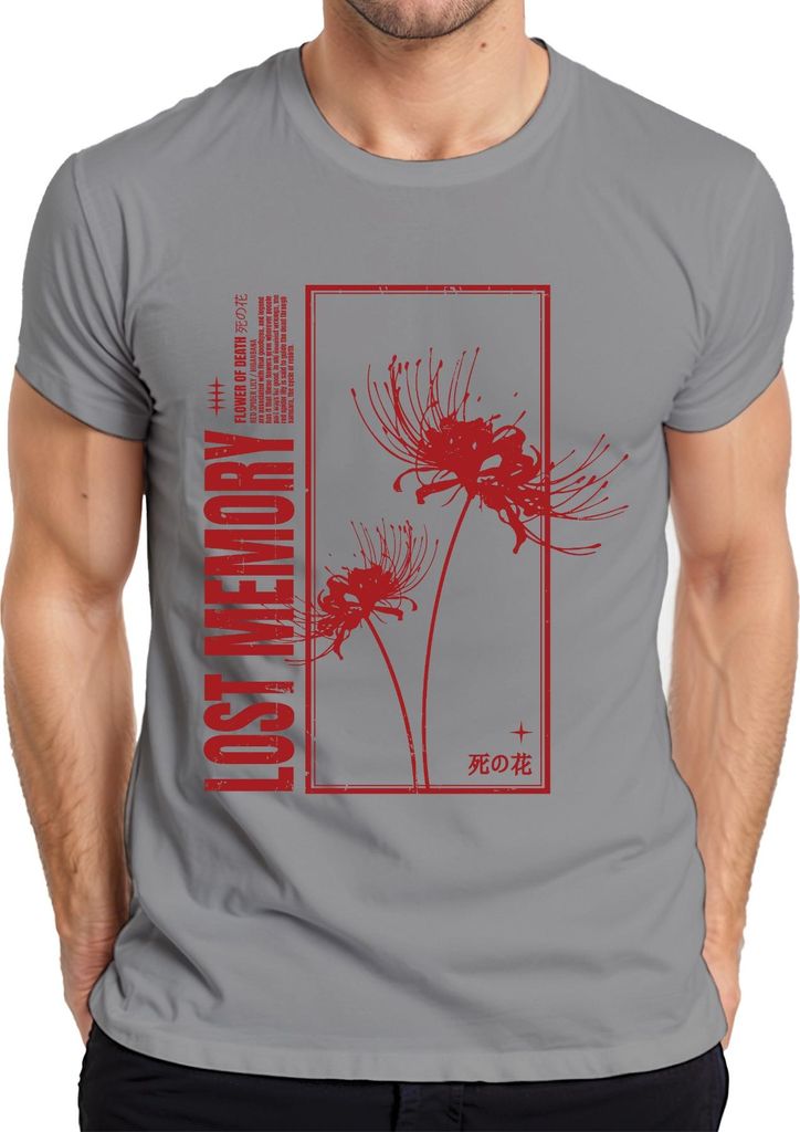 LOST MEMORY Spinnenlilie Higanbana Lycoris Japanisch Gothic Herren T-Shirt, Grau, L