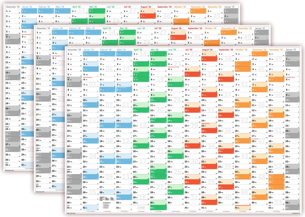 3 Stück Rainbow Premium Classic2 Wandkalender / Wandplaner DIN A0 2026 (gerollt) Format (841 x 1189 mm) 14 Monate
