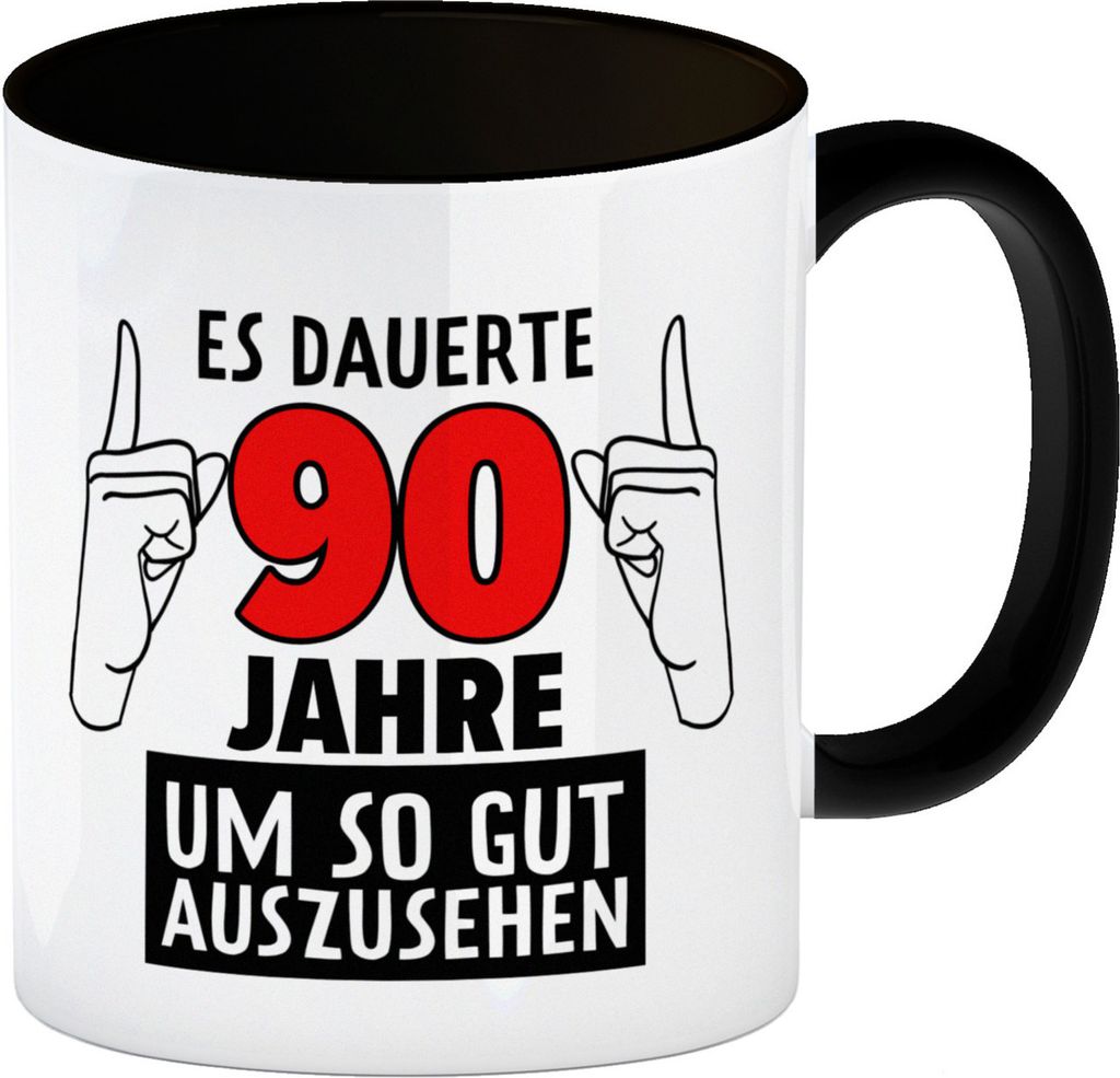 Witziger Kaffeebecher Schwarz für den 90. Geburtstag mit Motiv: Gutes Aussehen