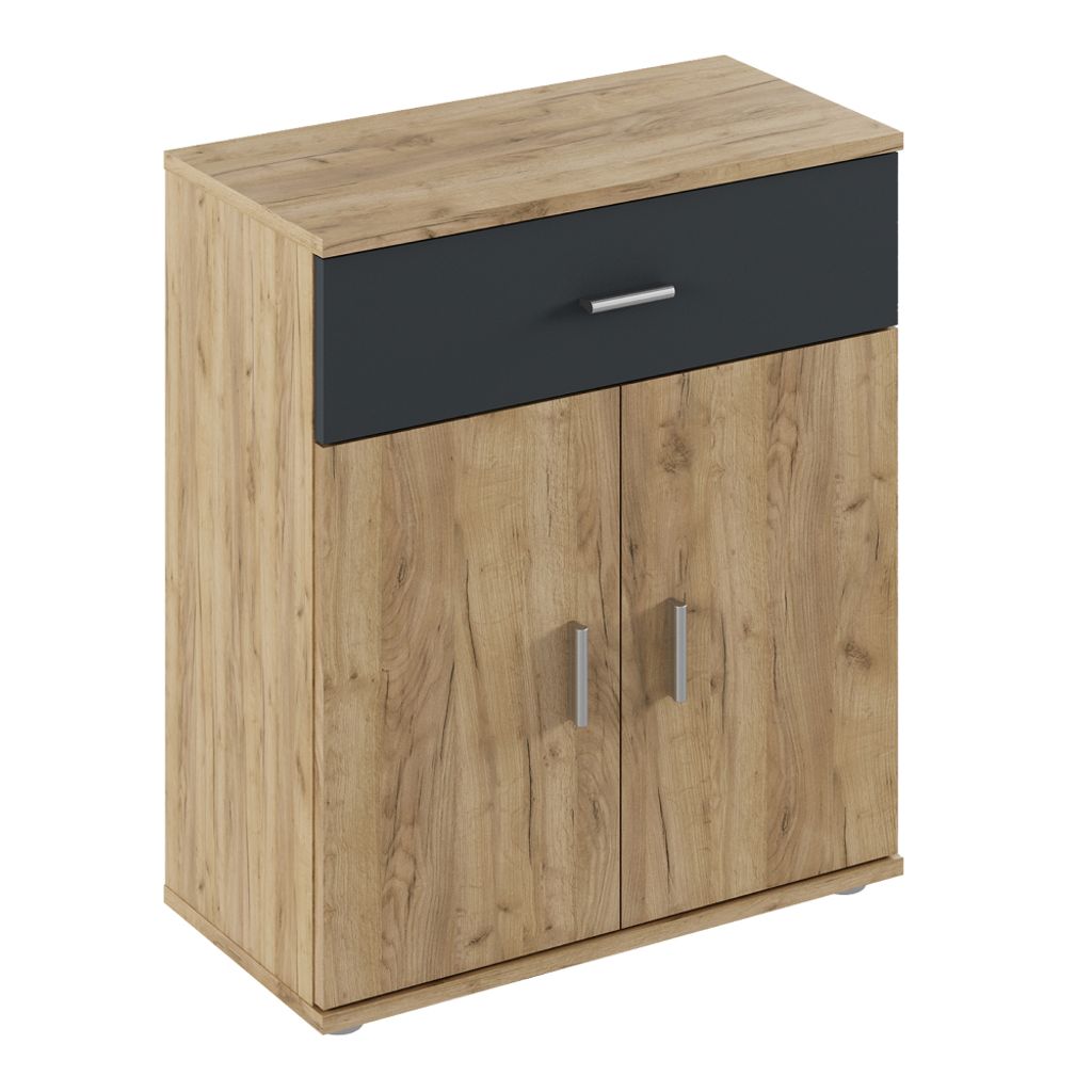 A product shot of a two-door cabinet with a drawer on top, against a white background.