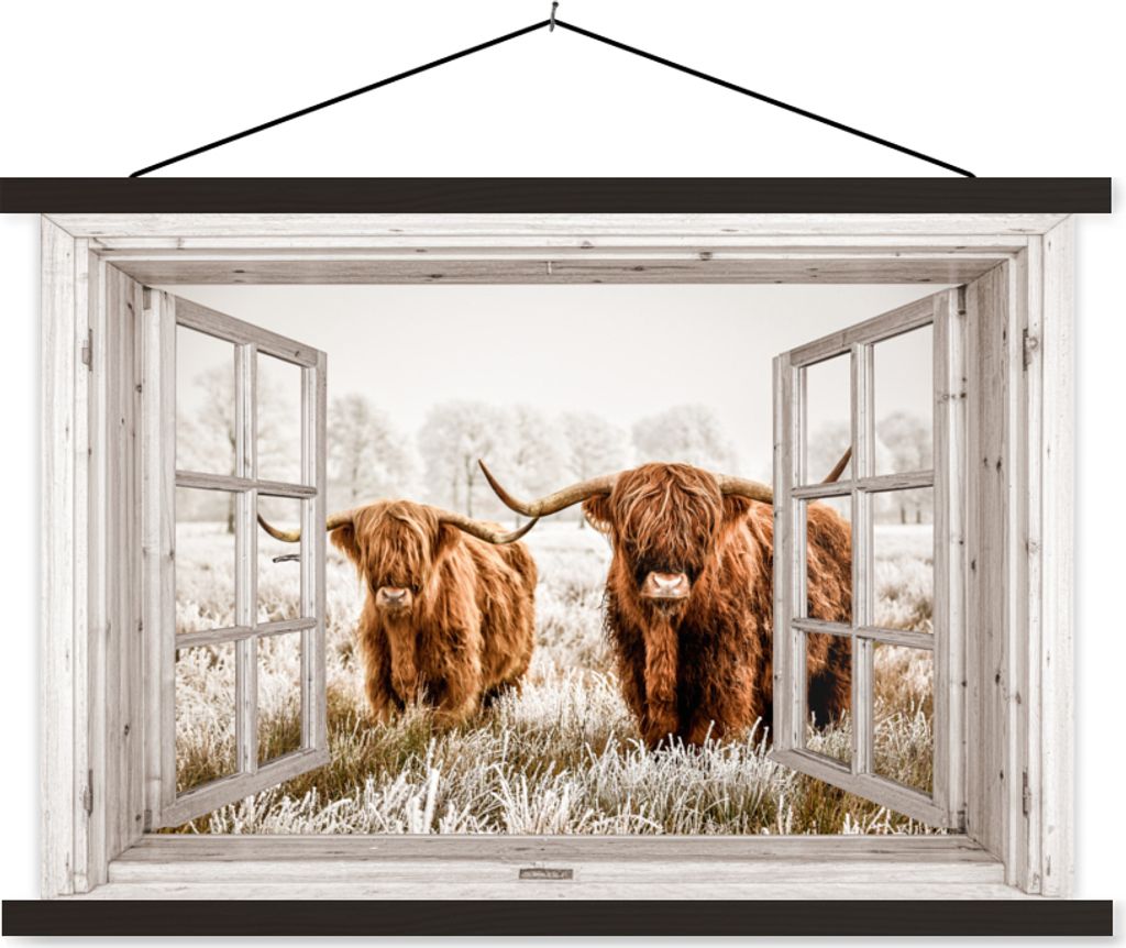 MuchoWow Textilposter Durchblick - Schottische Hochlandrind - Tiere 90x60 cm mit schwarzem Rahmen - Aufhängungssatz