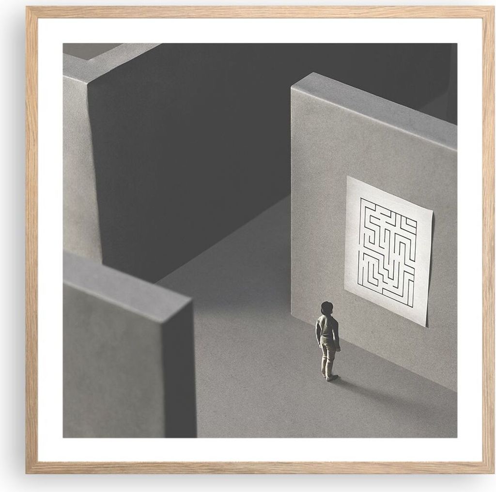 Gerahmtes Poster - Rahmen in heller Eiche - Labyrinth Grau Verloren - 60x60 cm - Wand Bild - Wanddeko - Wandbilder - Kunstposter - Wandposter - Bil...