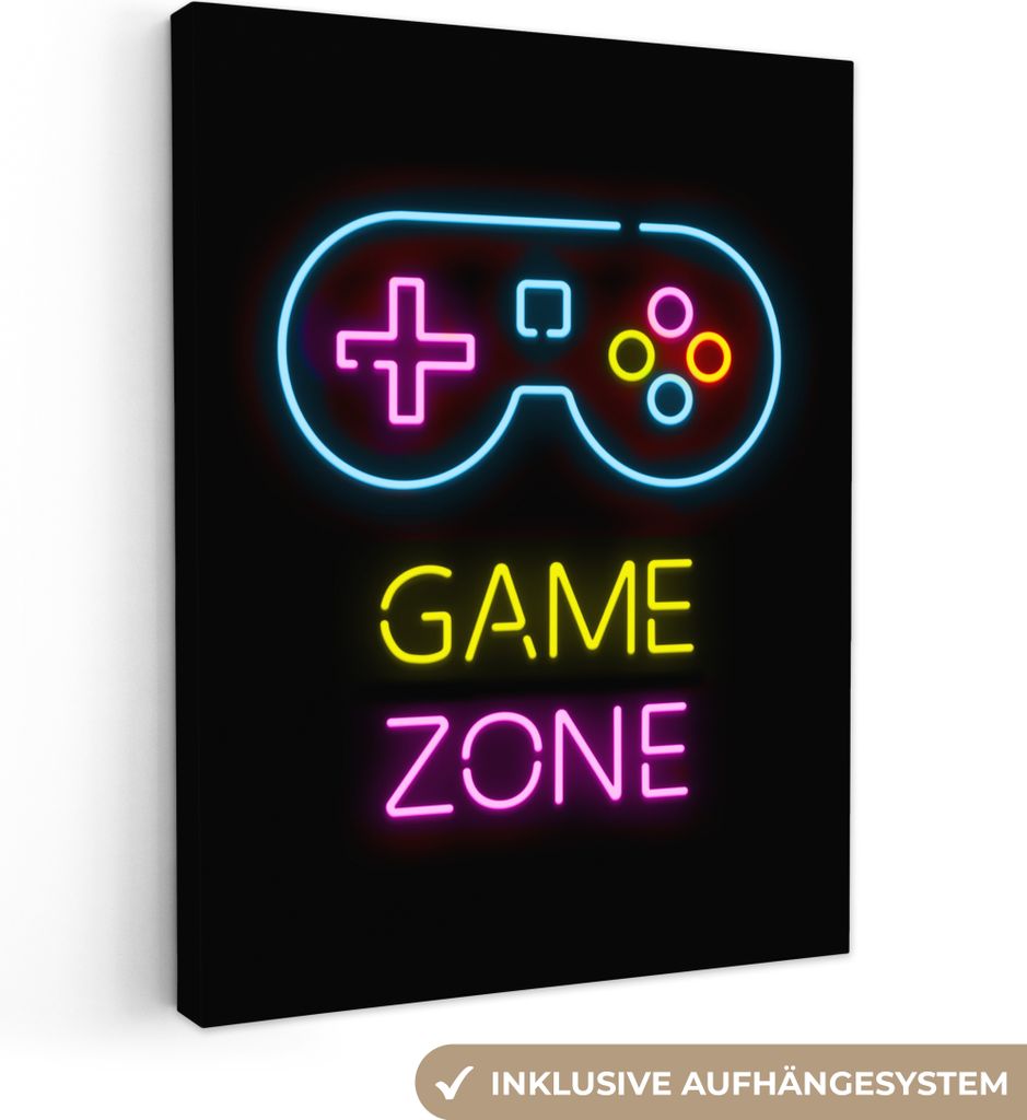 MuchoWow - Leinwandbilder - Controller - Spiel - Neon - Schwarz - Zitate - Spielzone, Wandbild, Wanddeko Bilder Wohnzimmer, 30x40 cm