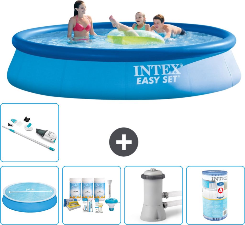 Intex runder aufblasbarer Easy Set-Pool – 396 x 84 cm – Blau – im Lieferumfang enthalten Sonnensegel - Wartungspaket - Filterpumpe für Schwi...