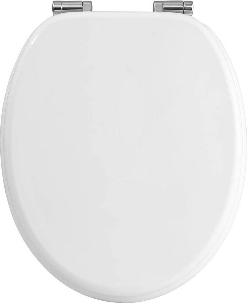 A top-down view of a closed white toilet seat with silver hinges.
