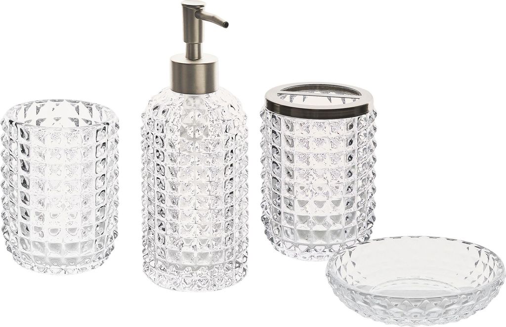 BELIANI 4-teiliges Badezimmer-Set Transparent Glas Seifenspender Seifenschale Zahnbürstenhalter Becher Eleganter Stil Badzubehör für WC Toilette