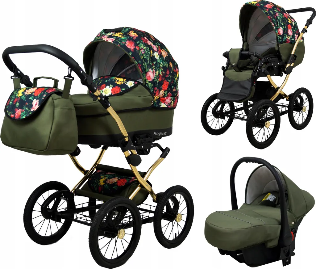 Poussette 3 en 1 Confortable Margaret GOLD Motif Floral Noir et Or