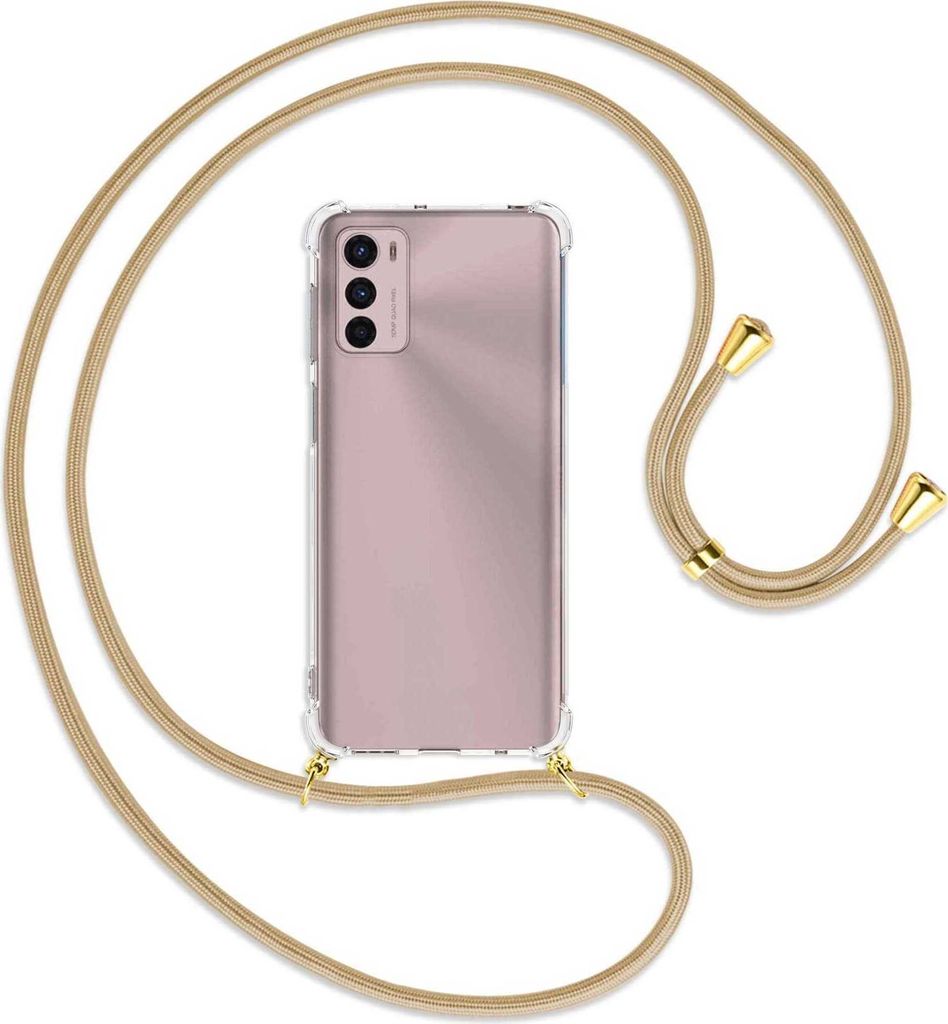 Handykette Backcover-Schutzhülle mit Band (Metall goldfarben) für Motorola Moto G42 (6.4'') - caramel