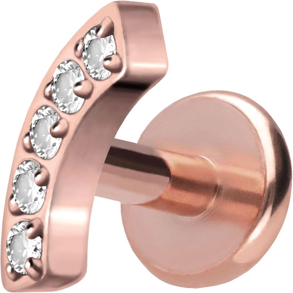 Ohrpiercing, Nasenpiercing Titan Labret mit Push Fit BOGEN + 5 KRISTALLE RoséGold Stablänge: 5mm | Stabstärke: 1,2mm