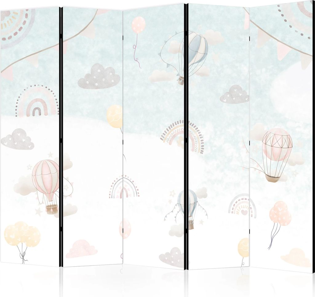 5-teiliger Doppelseitiger Vlies Paravent - Balloons in the Sky - Balloons in Pastel Colors Flying Through a Cloudy Sky - Among Rainbows and Stars 2...
