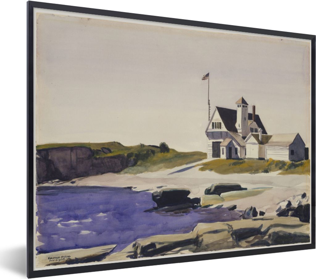 MuchoWow MuchoWow Gerahmtes Poster Küstenwache, Maine - Edward Hopper 80x60 cm - Poster mit zchwarzem Bilderrahmen - Schwarzem - Mit Gestell