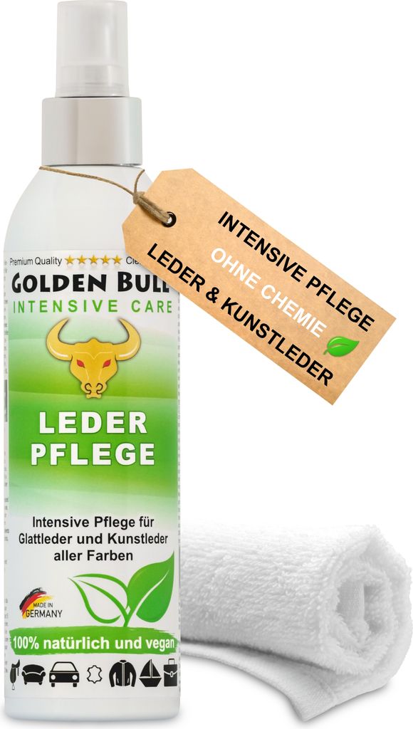 Golden Bull Lederpflege Spray intensiv 250ml + Tuch - Natürliches Leder Kunstleder Pflegemittel für Pflege von Ledersitz, Autositz, Sofa
