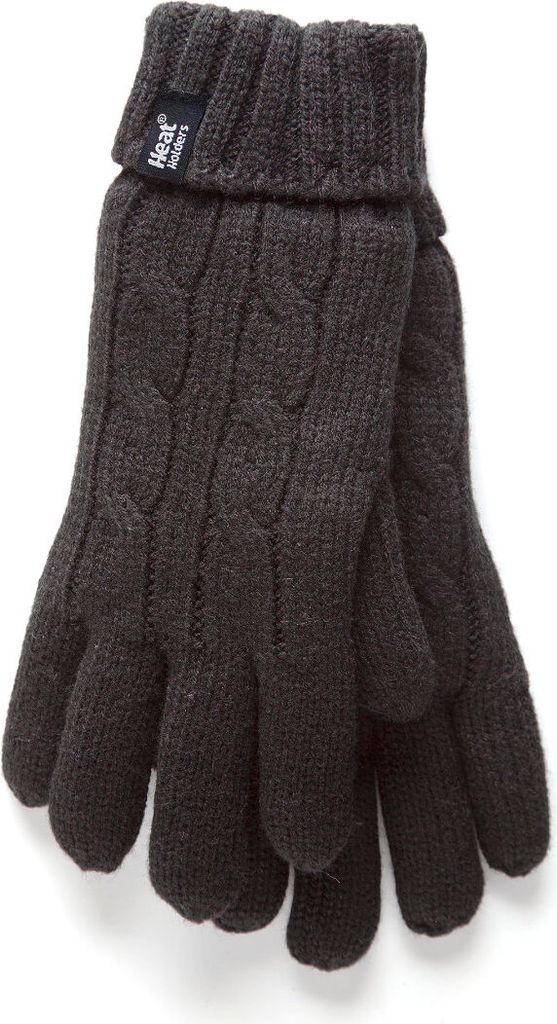 A pair of dark gray knitted gloves with a cable knit pattern and a ribbed cuff, shown against a white background.