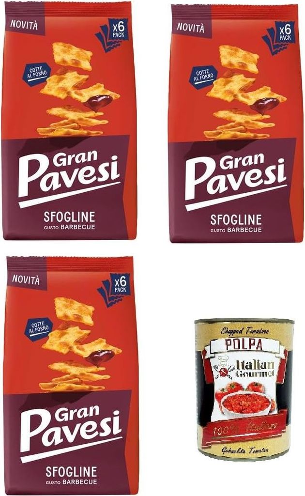 Gran Pavesi Sfogline Snack croccante di pasta sfoglia al gusto di Barbecue Knuspriger Blätterteig-Snack mit Barbecue-Geschmack 3x 180gr+ Italian G...