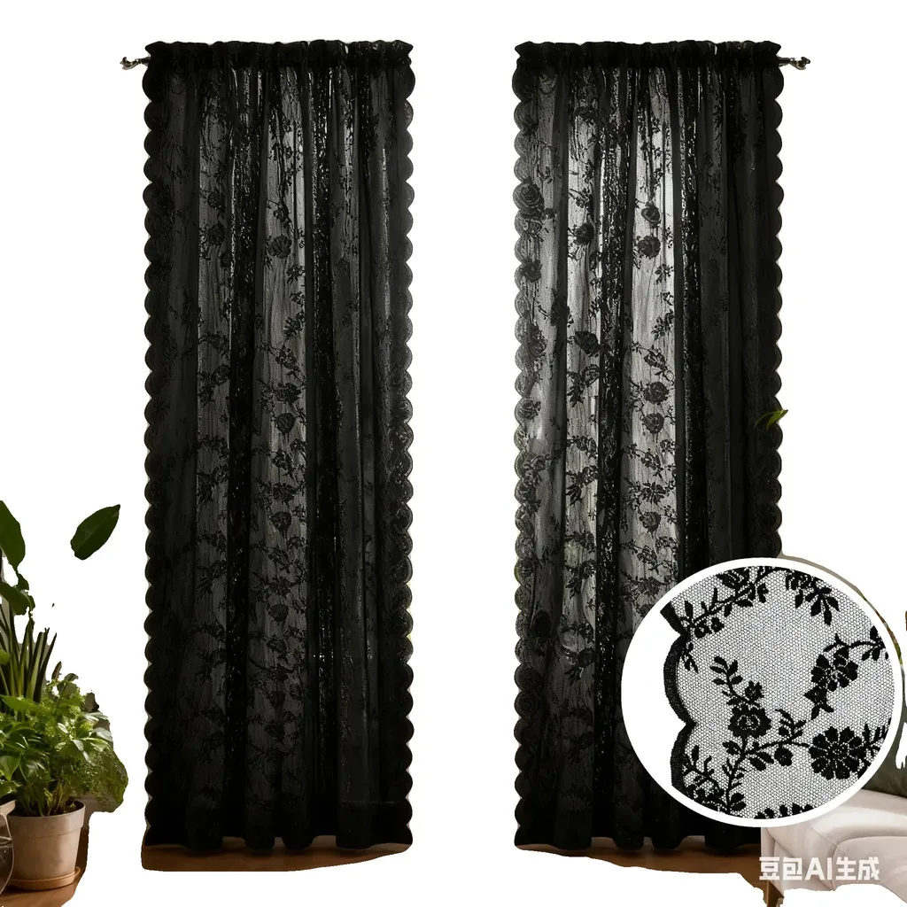 Rideaux transparents noirs à broderies florales, 2 panneaux 100x140 cm