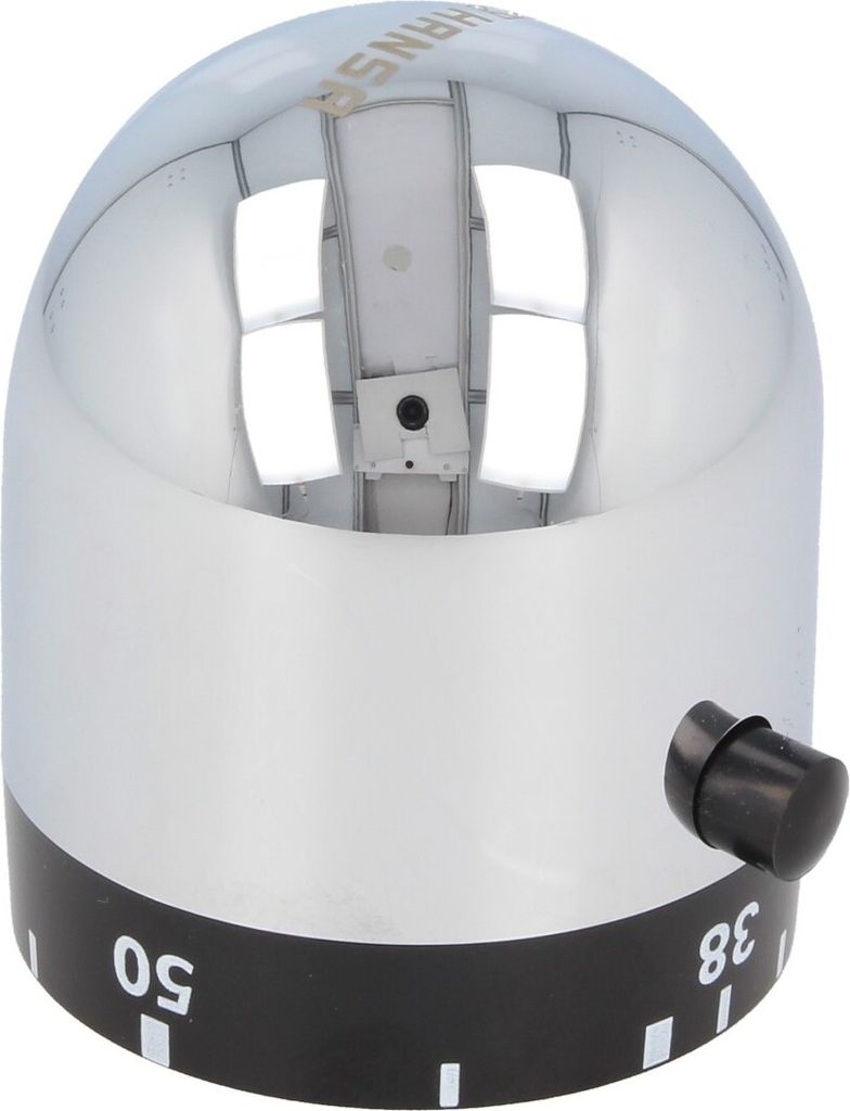 A chrome-plated temperature selector knob with markings.