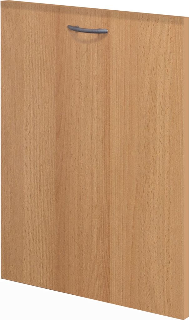 A close-up, isolated view of a wooden cabinet door with a metallic handle.