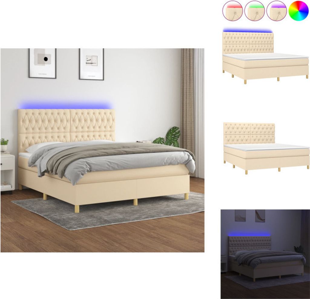 vidaXL Boxspringbett mit Matratze & LED Creme 160x200 cm Stoff - Betten & Bettgestelle
