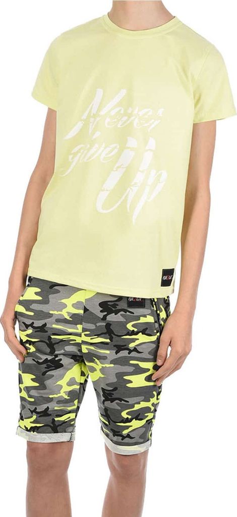 BEZLIT Jungen Sommer Set T-Shirt NEVER GIVE UP und Stoff Shorts Gelb / Grün Camouflage 104/110