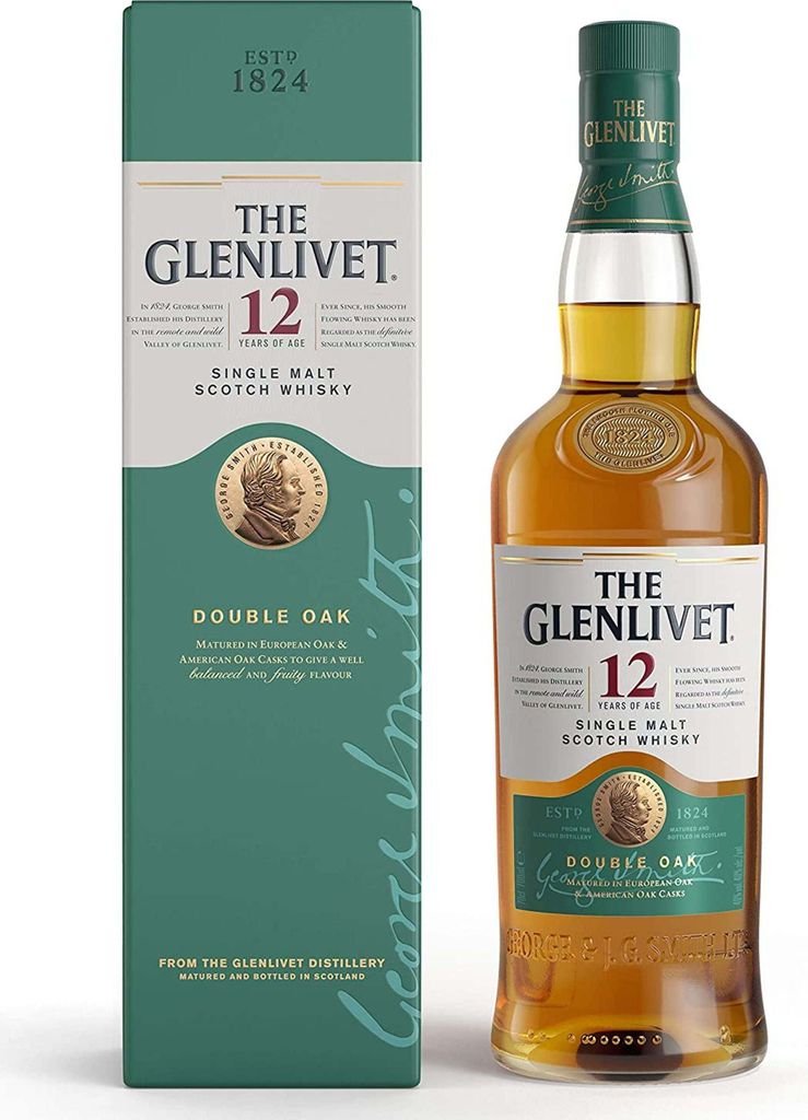 A bottle of The Glenlivet 12 Year Old Single Malt Scotch Whisky and its gift box are displayed against a white background.