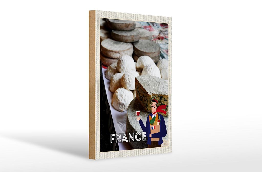 Holzschild Reise 20x30cm Frankreich Schimmelkäse Wein Essen