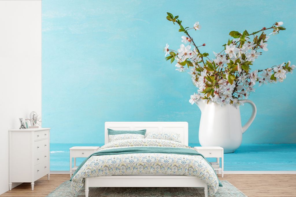 MuchoWow Fototapete für Wohnzimmer oder Schlafzimmer Wandtapete Vinyl Motivtapete Stilleben - Sakura - Dose - 360x240 cm - Vinyl-Tapete