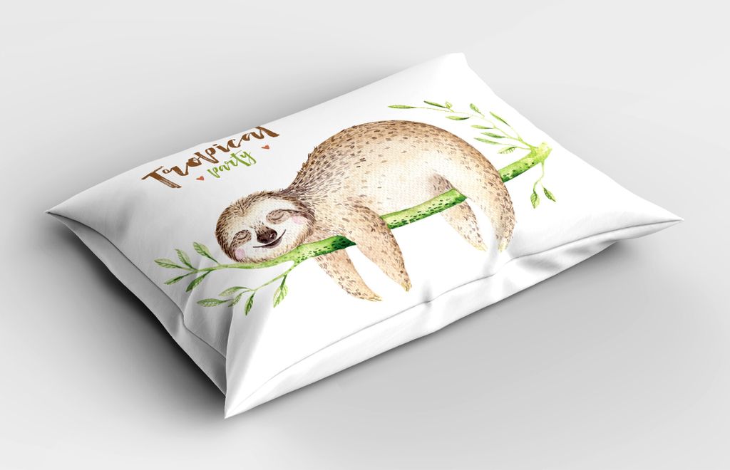 ABAKUHAUS Faultier Kopfkissenbezug, Junges Tier, das auf Palm Branch Happy Dreams Wildlife-Natur-Aquarell schläft, 40x80 cm, Pale Braun Grün