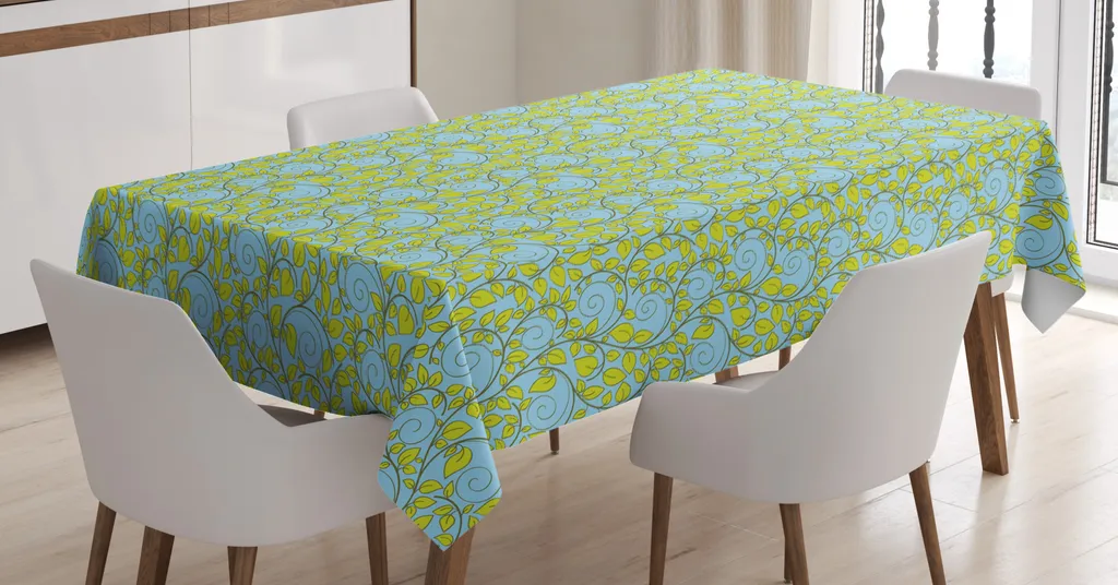 ABAKUHAUS Tovaglia a foglie, motivi cartoon a riccioli, stampa con colori vivaci che non sbiadiscono, lavabile per interni o esterni, 140 x 240 cm, blu giallo verde
