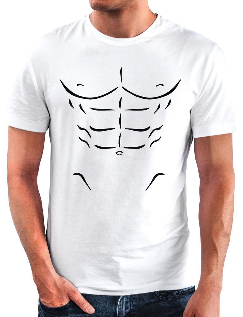 Herren T-Shirt bedruckt Bauchmuskeln Waschbrettbauch Aufdruck Motiv Print Fun-Shirt lustig Moonworks weiß S