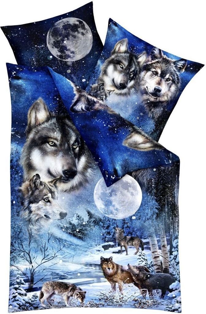 Kaeppel Mako Satin 135x200cm Digitaldruck Bettwäsche 2 tlg. Wolf Urwald Federn Abstrakt Baumwolle, Farbe:Wolf