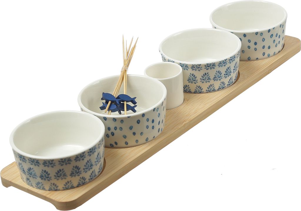 Tapas Set - Servierset - Holzbrett mit 4 Schalen - L: 40cm - Porzellan - weiß, blau