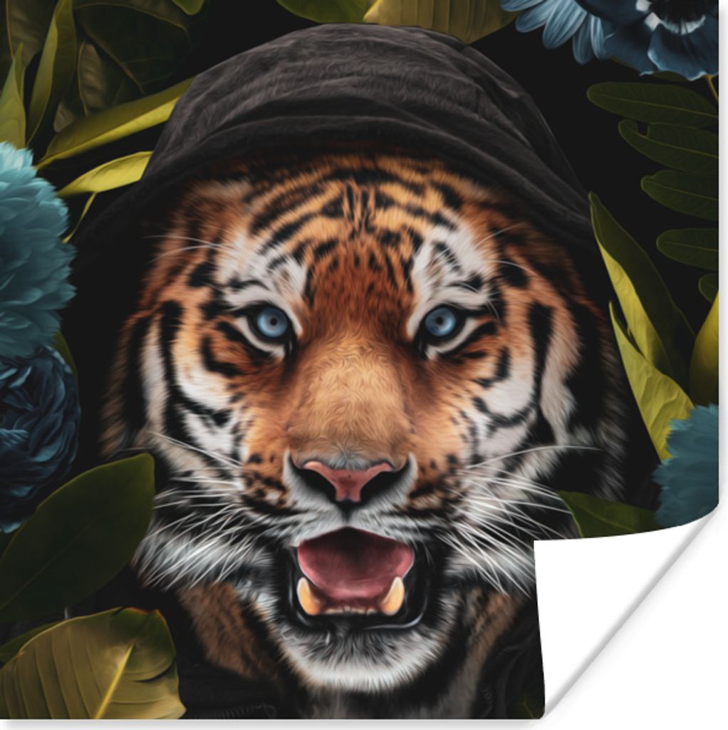 MuchoWow Poster Tiger - Blumen - Blau 100x100 cm - Babyzimmer