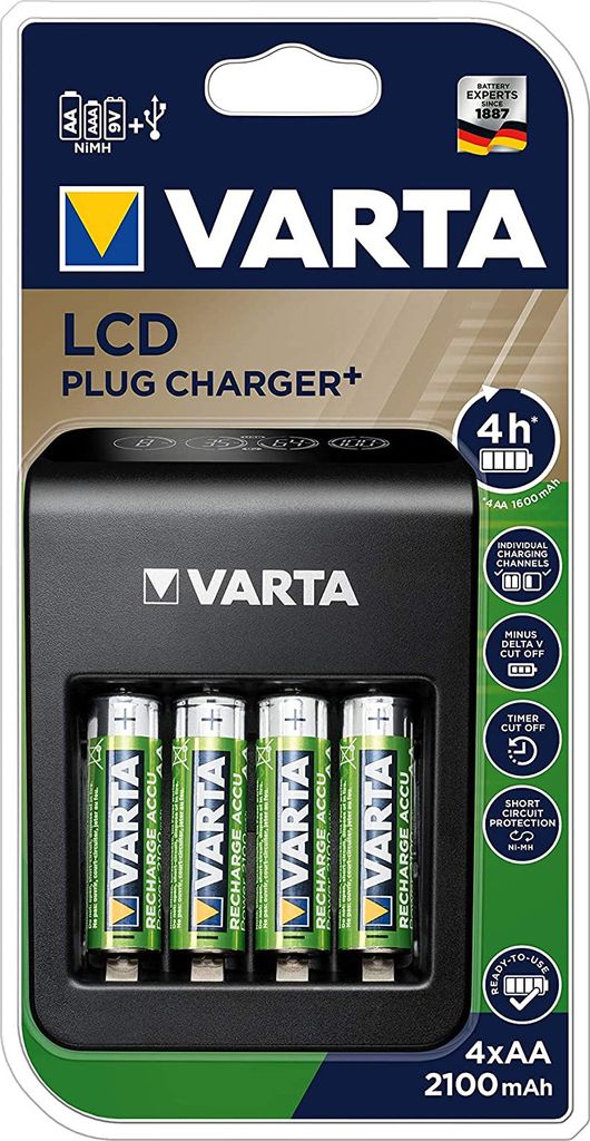 VARTA LCD Plug Charger+ chargeur, affichage LCD, AA/AAA/9V Image du produit 