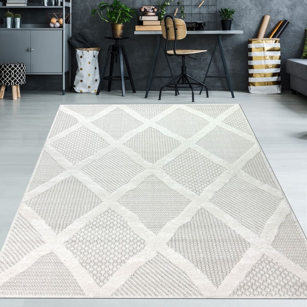 Schlafzimmer Wohnzimmer Teppich mit verschieden gemusterten Rauten in creme grau Größe - 160 x 230 cm
