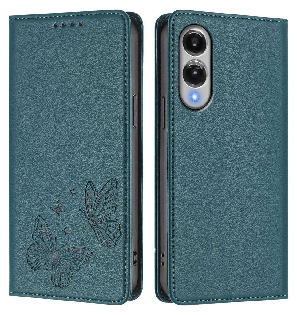 Lederhülle für Samsung Galaxy S25 Edge, Schmetterling Prägung Leder Brieftasche Schutzhülle mit Ständer Grün