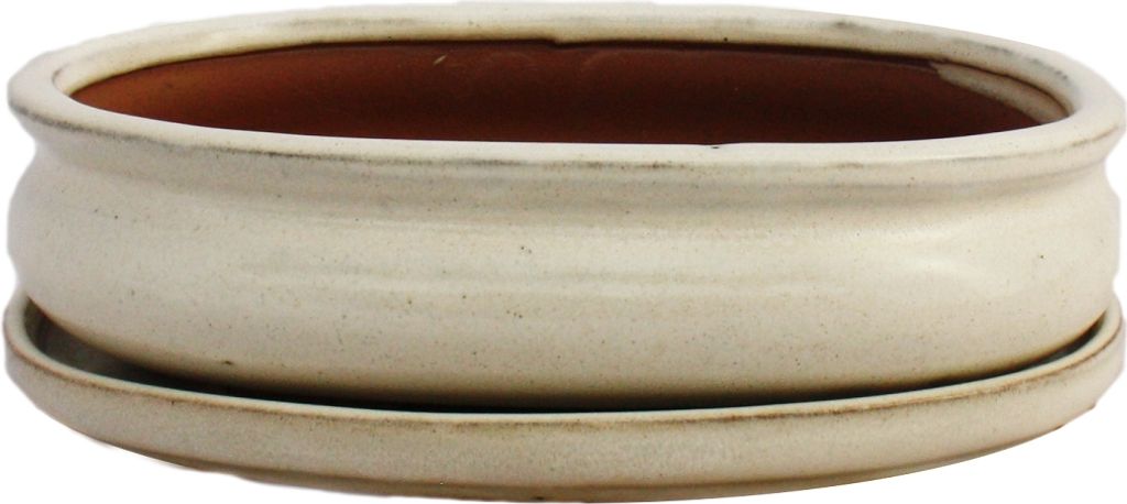 Bonsai-Schale mit Unterteller Gr. 3 - hellbeige - oval - Modell O47 - L 19cm - B 13,5cm - H 5cm