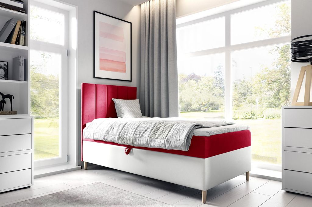 Kontinentales Bett 100x200 MIREN 1 - rot/weiß, Öffnung links + GRATIS Matratzenauflage