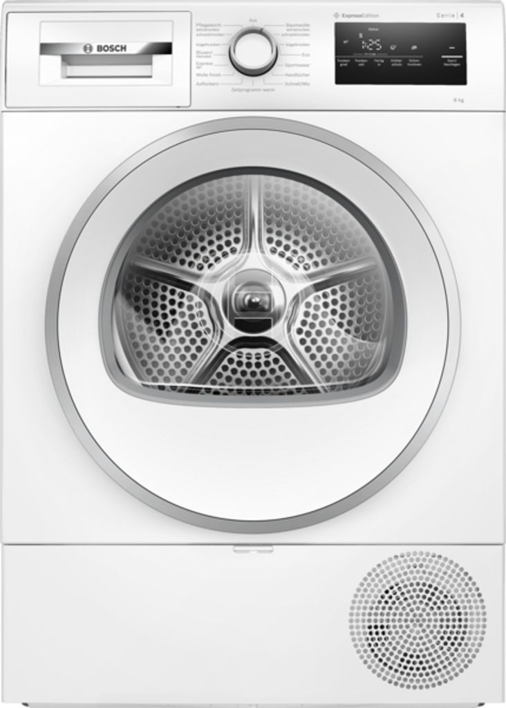 A front view of a white Bosch Serie 4 dryer.