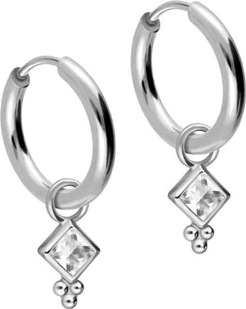 Chirurgenstahl Ohrclicker Creolen KRISTALLQUADRAT + KUGELN Silber Innendurchmesser: 10mm + Designstärke: 1,6mm