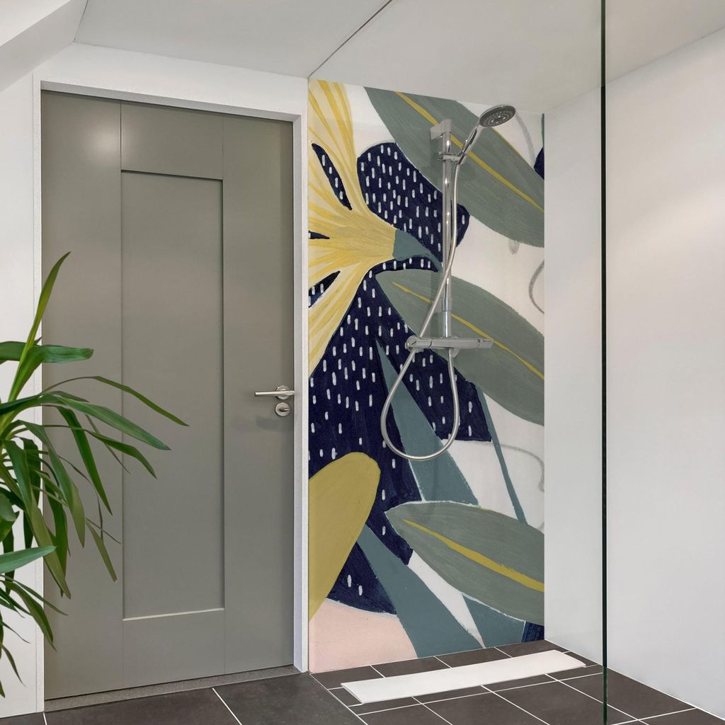 Duschrückwand originell selbstklebend - 0.61 mm Wandpaneel wasserfest Pflanzen blau Tropisch Badrückwand fugenlos Premium matt 100x190 cm